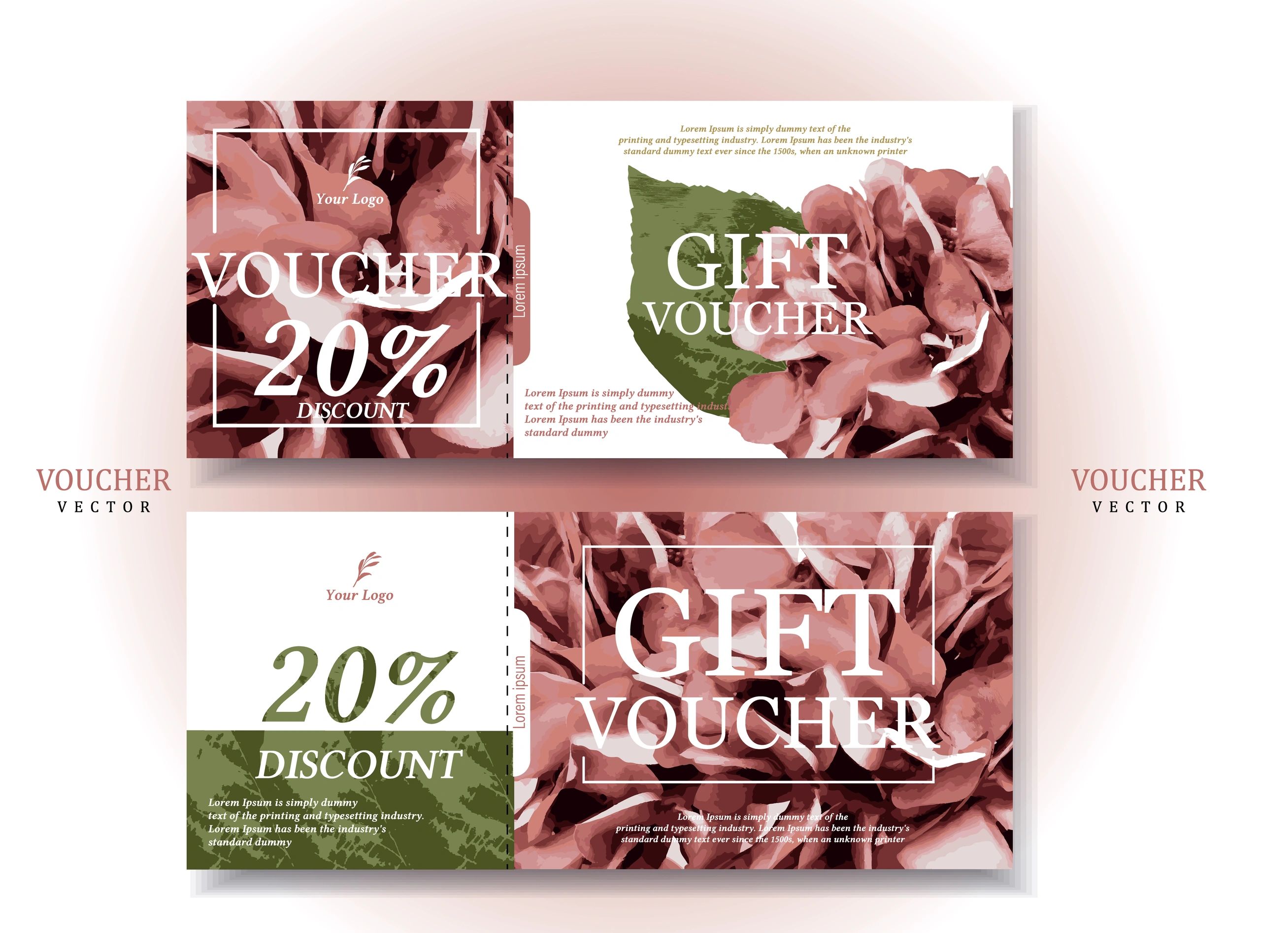 Set of Gift Voucher Template. Dark Pink Hydrengea and leaf on white Background. Realistic style.for discount itam.Vector/Iiustration